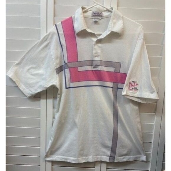 Vintage Mark Scot Collection Polo Shirt L Pink & White Geometric Print - Picture 1 of 6